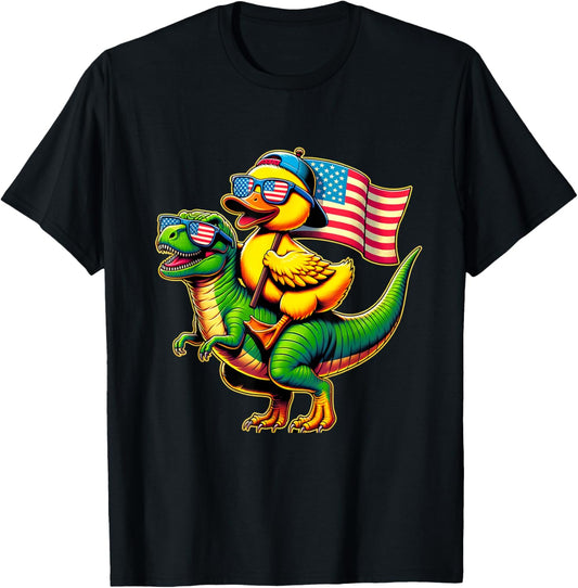 Duck Dinosaur USA Flag Funny Duck 4th of July Duck Women Kids Men T-Shirt