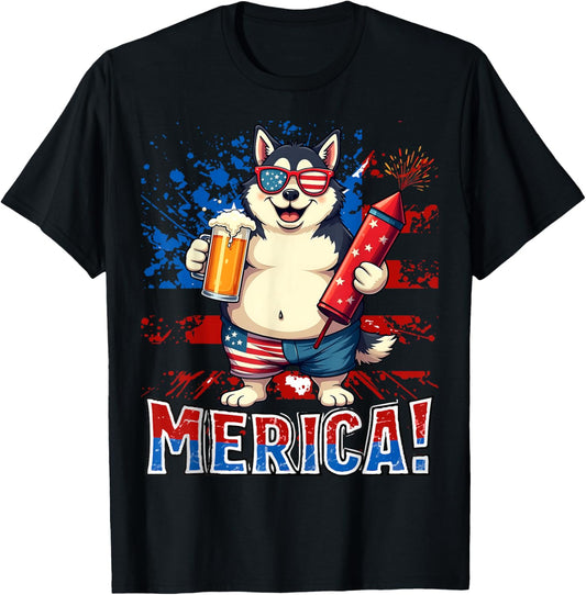 Siberian Husky Merica Firework Beer Patriotic 4th of July T-Shirt