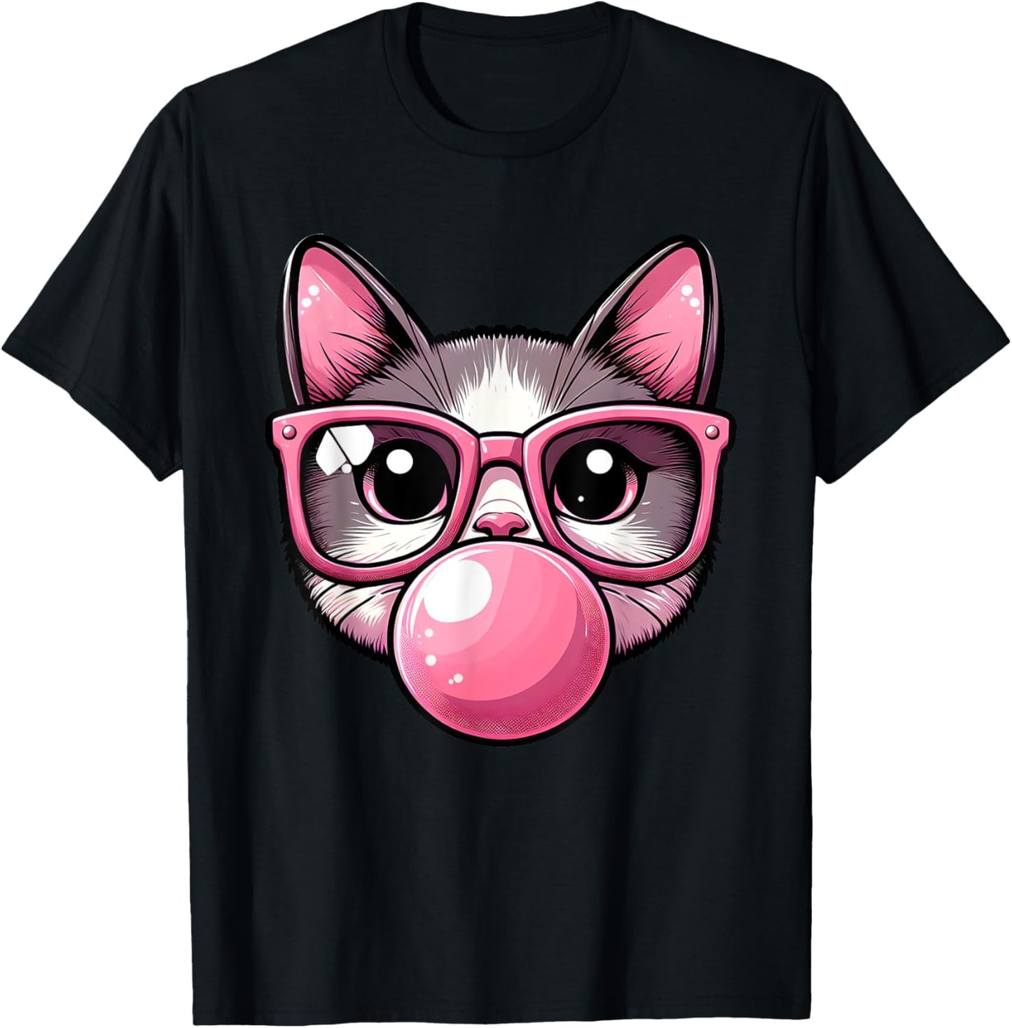 Cute and Funny Cat Pink Sunglasses And Blowing Bubble Gum T-Shirt