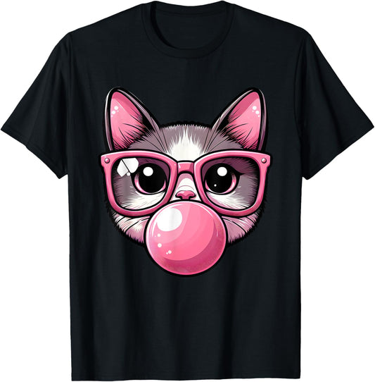 Cute and Funny Cat Pink Sunglasses And Blowing Bubble Gum T-Shirt