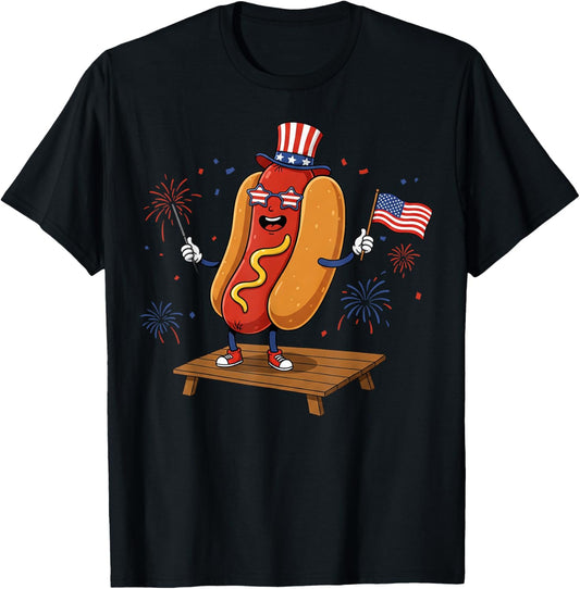 Patriotic Hot Dog 4th of July USA Flag Sam Hat Fireworks T-Shirt
