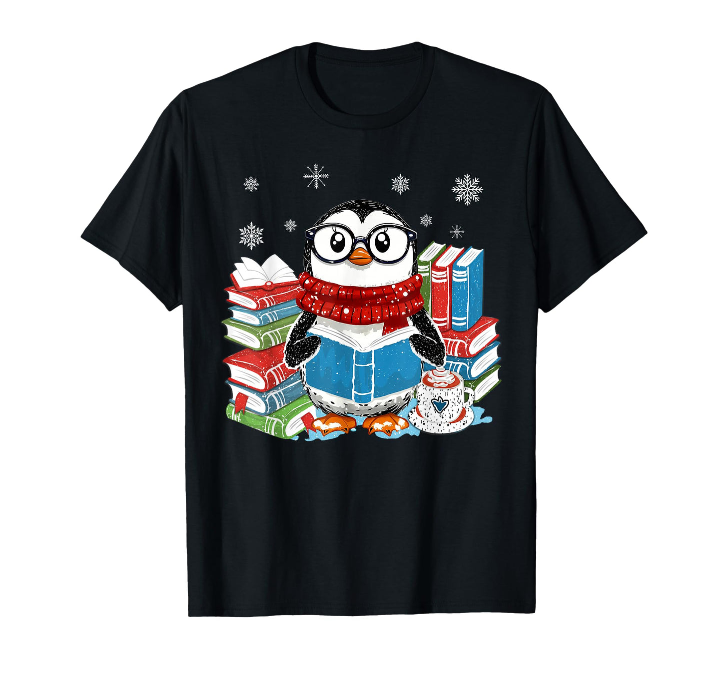 Christmas A Penguin Reading Book Snowflake Cocoa Hot Teacher T-Shirt