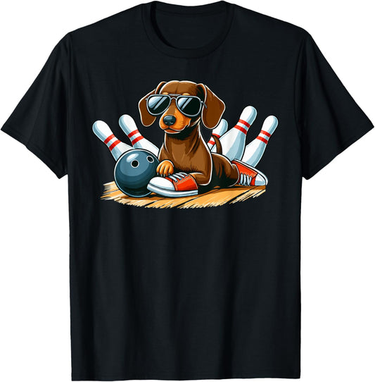 Funny Dog Bowling Dachshund With Sunglasses playing bowling T-Shirt