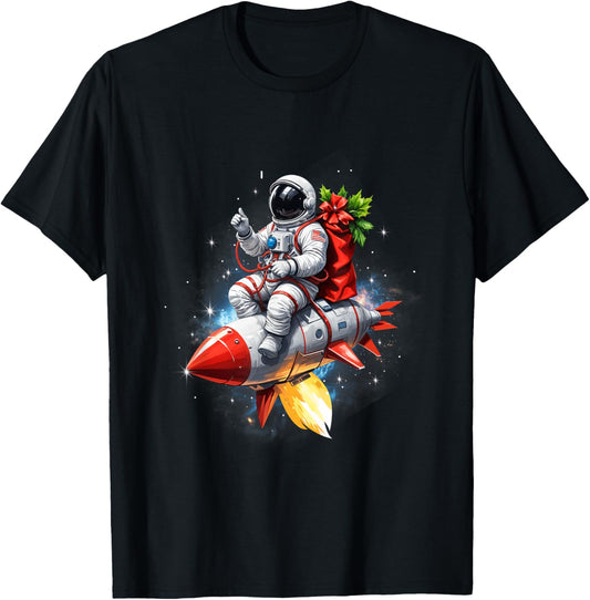 Astronaut Riding Rocket Planets Funny Christmas Kids Teens T-Shirt