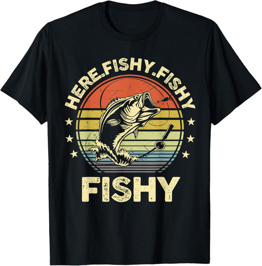 CAT Fishing-Shirt Here-Fishy Bass Fish Funny Dad T-Shirt