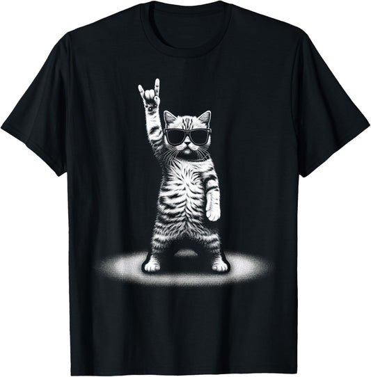Retro Cat Rock Music Gift Men Kids Women Funny Cat T-Shirt