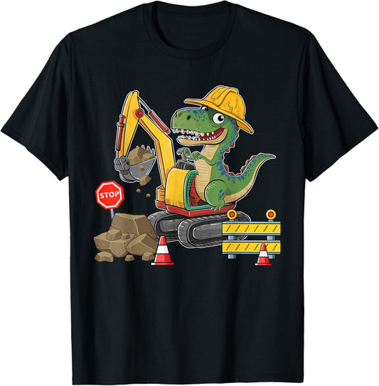 Dinosaur Construction Worker Excavator Truck Kids Boy Girl T-Shirt