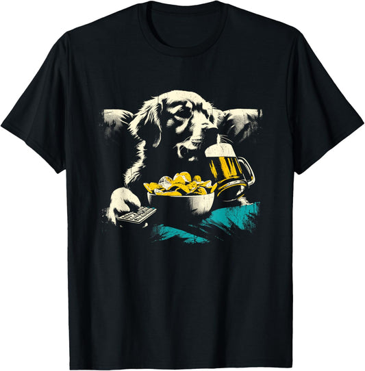 Golden Retriever Watching TV - Funny Snacks Beer Dog Lover T-Shirt