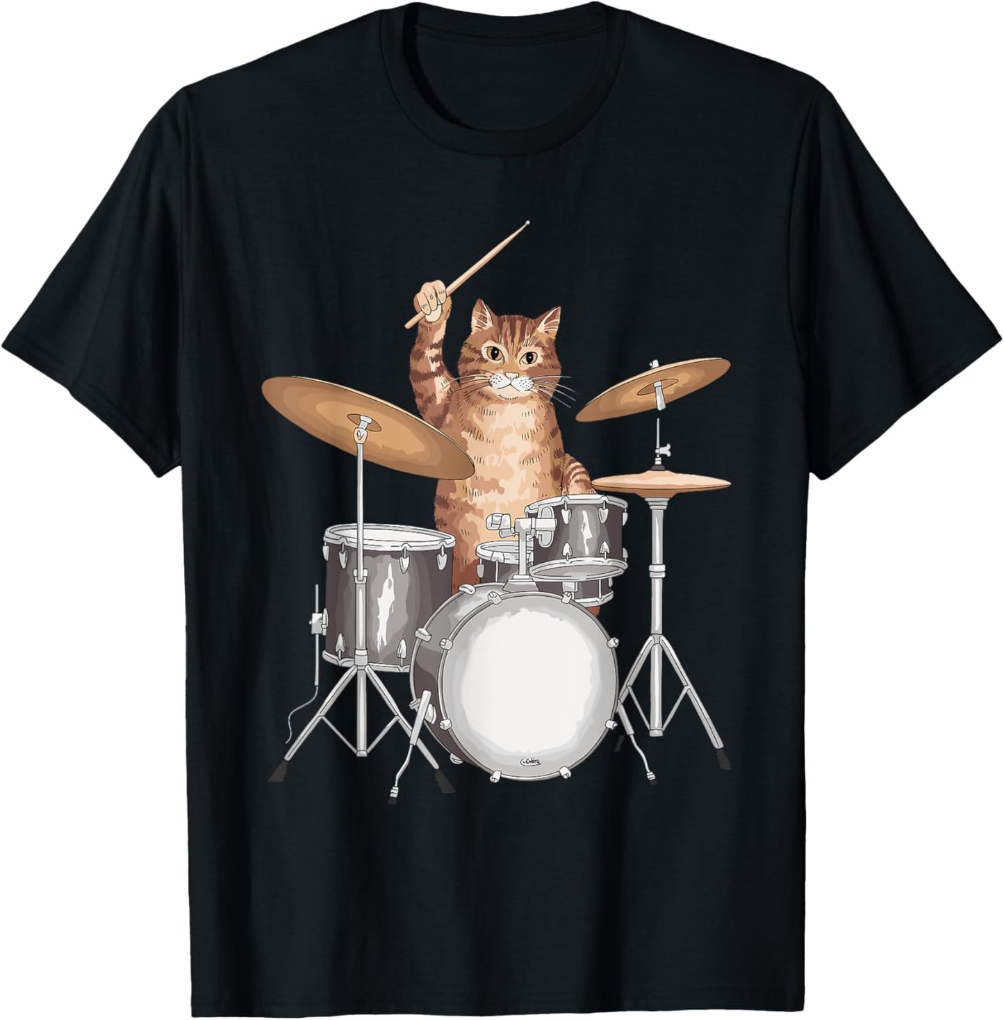 Drumstick Kitten Drum Cat Drumming Music Instrument Cat Drummer T-Shirt - Unisex-Adults, Black, Small, Short Sleeve, T-Shirt