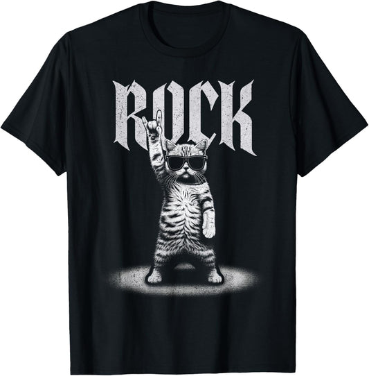 Rock On Cat Rock Music Gift Men Kids Women Funny Cat T-Shirt