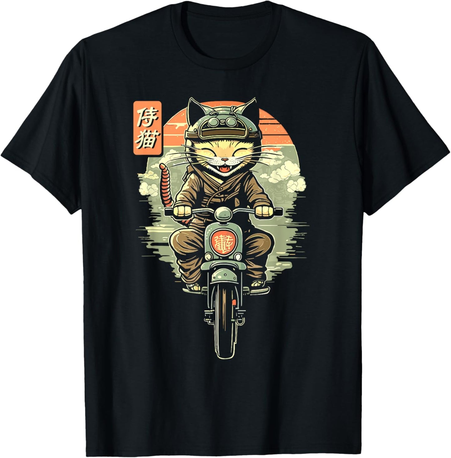 Japanese Samurai Cat on Motorcycle Kawaii Ninja Cat T-Shirt