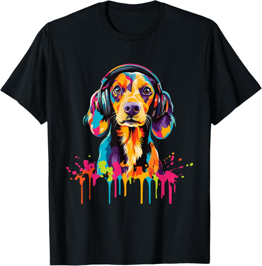 Dachshund Lover Wearing Headphones Funny Dachshund T-Shirt