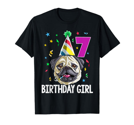 Pug Birthday Girl 7th 7 T Shirt Kids Girls Gift Idea Party T-Shirt