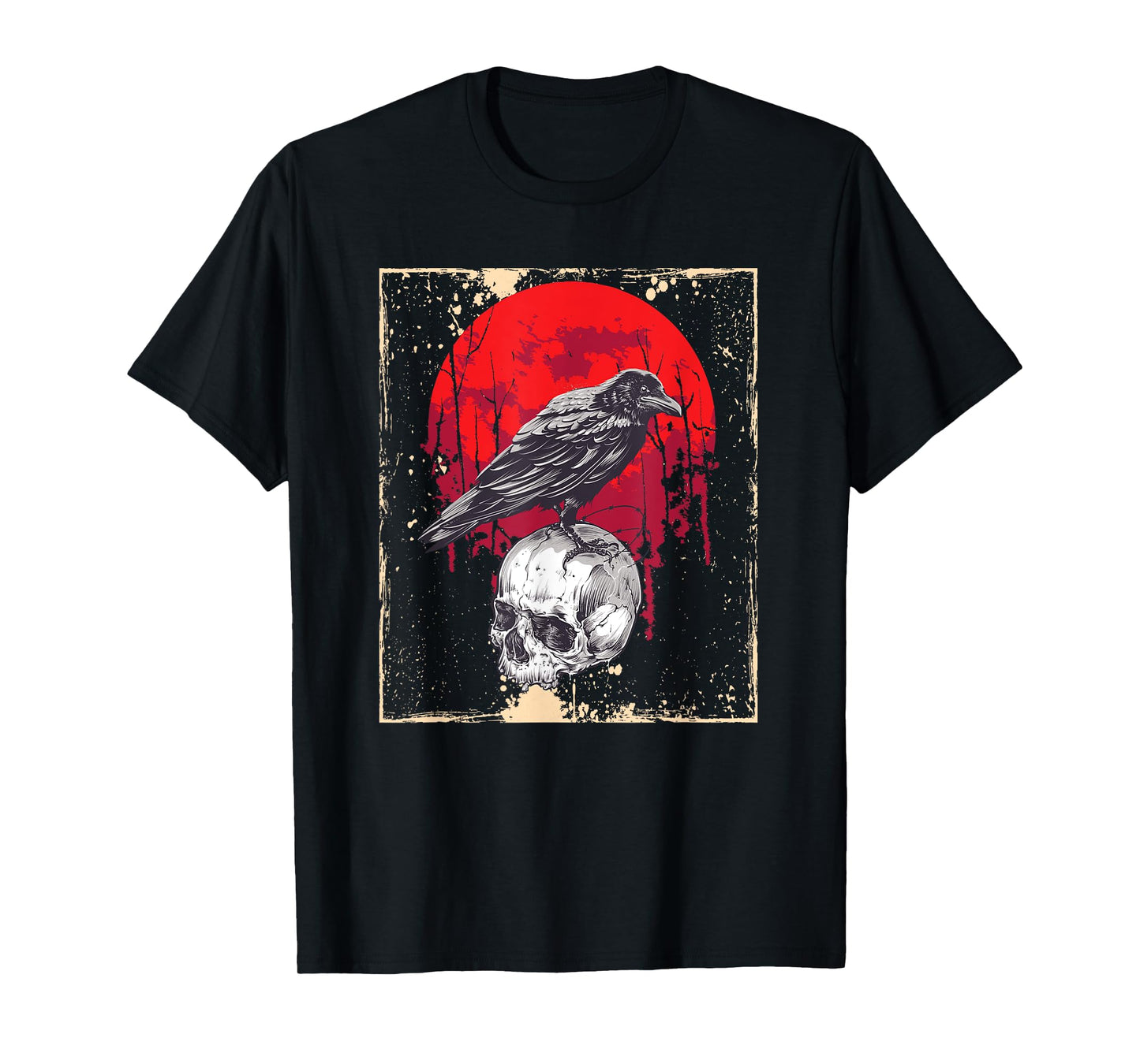 Gothic Raven Skull Red Moon Black Crow T-Shirt