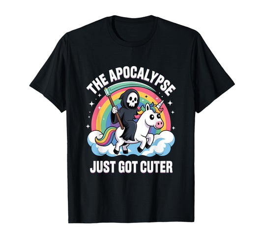 Cute Cartoon Grim Reaper Riding Rainbow Unicorn T-Shirt