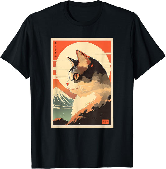 Vintage Japanese Cat Mount Fuji Kanji Writing Japan Art T-Shirt