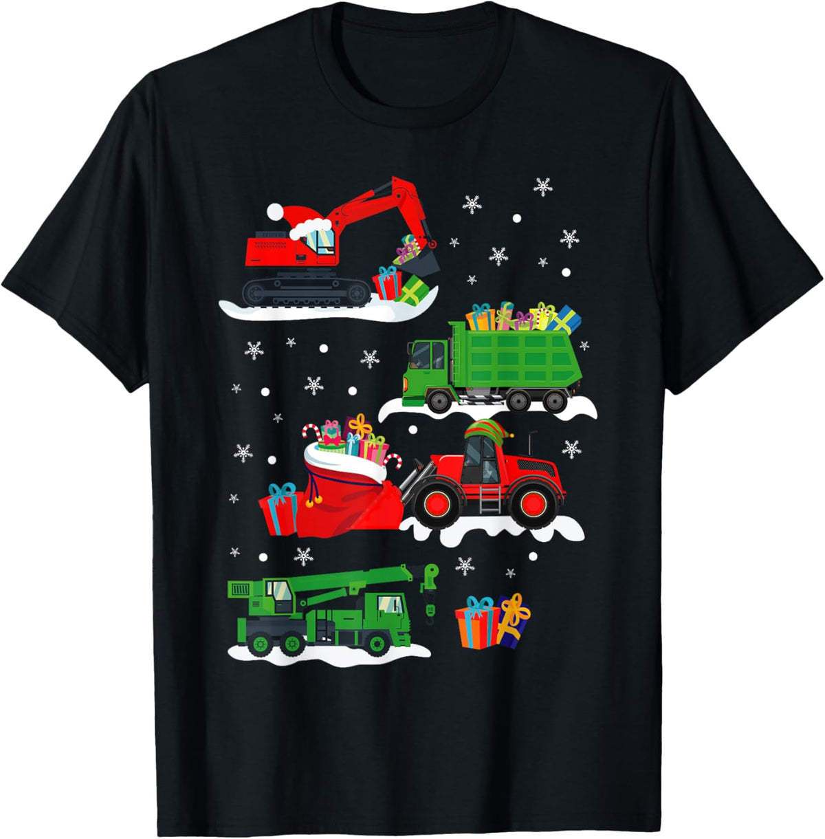 Construction Vehicle Christmas Red Trucks Winter Boys Kids T-Shirt