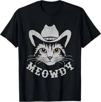 Retro Cowboy Hat Farmer Gifts For Cowgirls Cowboys Meowdy Cat Horse Rider Men Women Kids T-Shirt