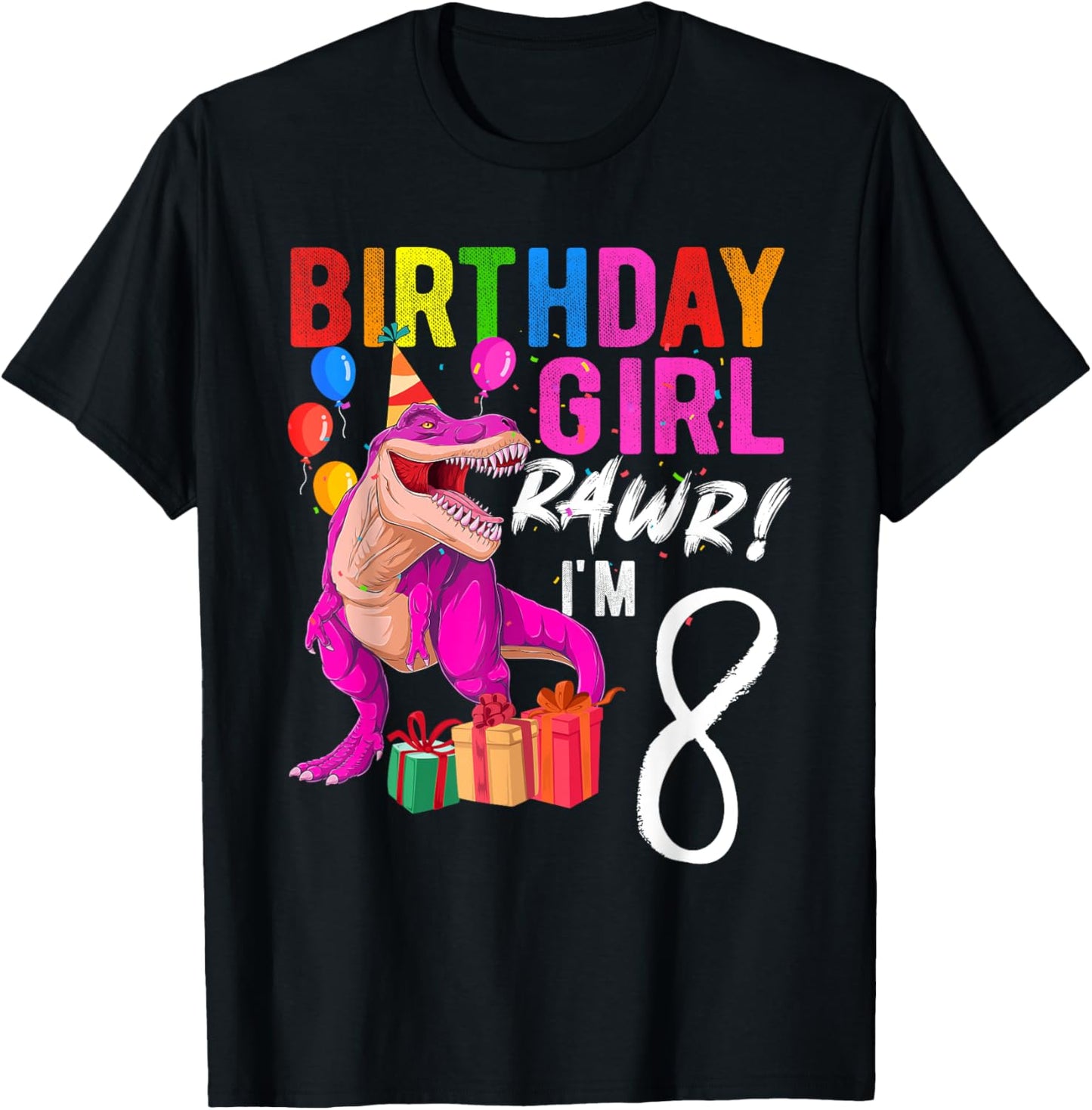 Eighth Birthday 8 Year Pink Dinosaur TRex 8th Birthday Girl T-Shirt