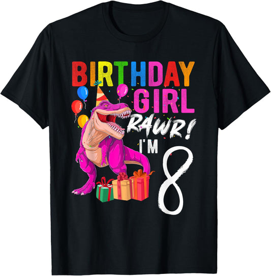 Eighth Birthday 8 Year Pink Dinosaur TRex 8th Birthday Girl T-Shirt