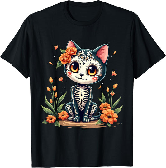Colorful Sugar Skull Cat Tee Mexican Halloween T-Shirt