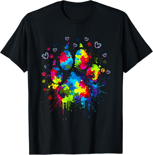 Womens Colorful Dog Paw Heart Print T-Shirt