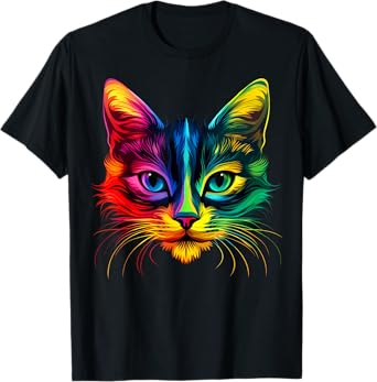 Colorful Cat Face Cute Pet Animal Lover Men Women Black T-Shirt