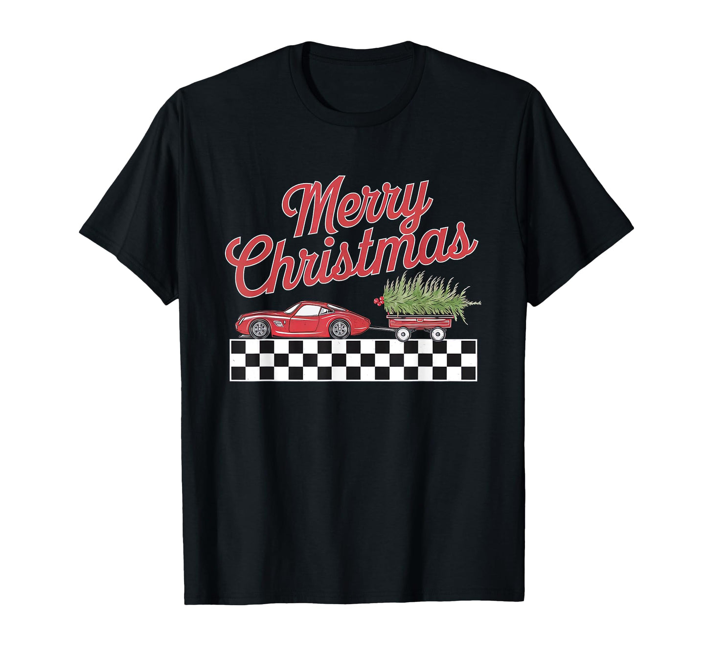 Racing Merry Christmas Race Car Pulling Wagon Christmas Tree T-Shirt