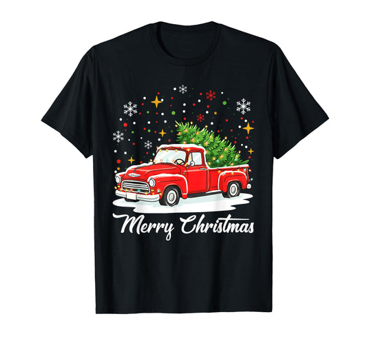 Vintage Merry Christmas Red Truck Xmas Tree Family T-Shirt