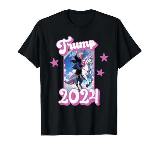 Funny Donald Trump Riding an Unicorn. Pink Trump 2024 Girl T-Shirt