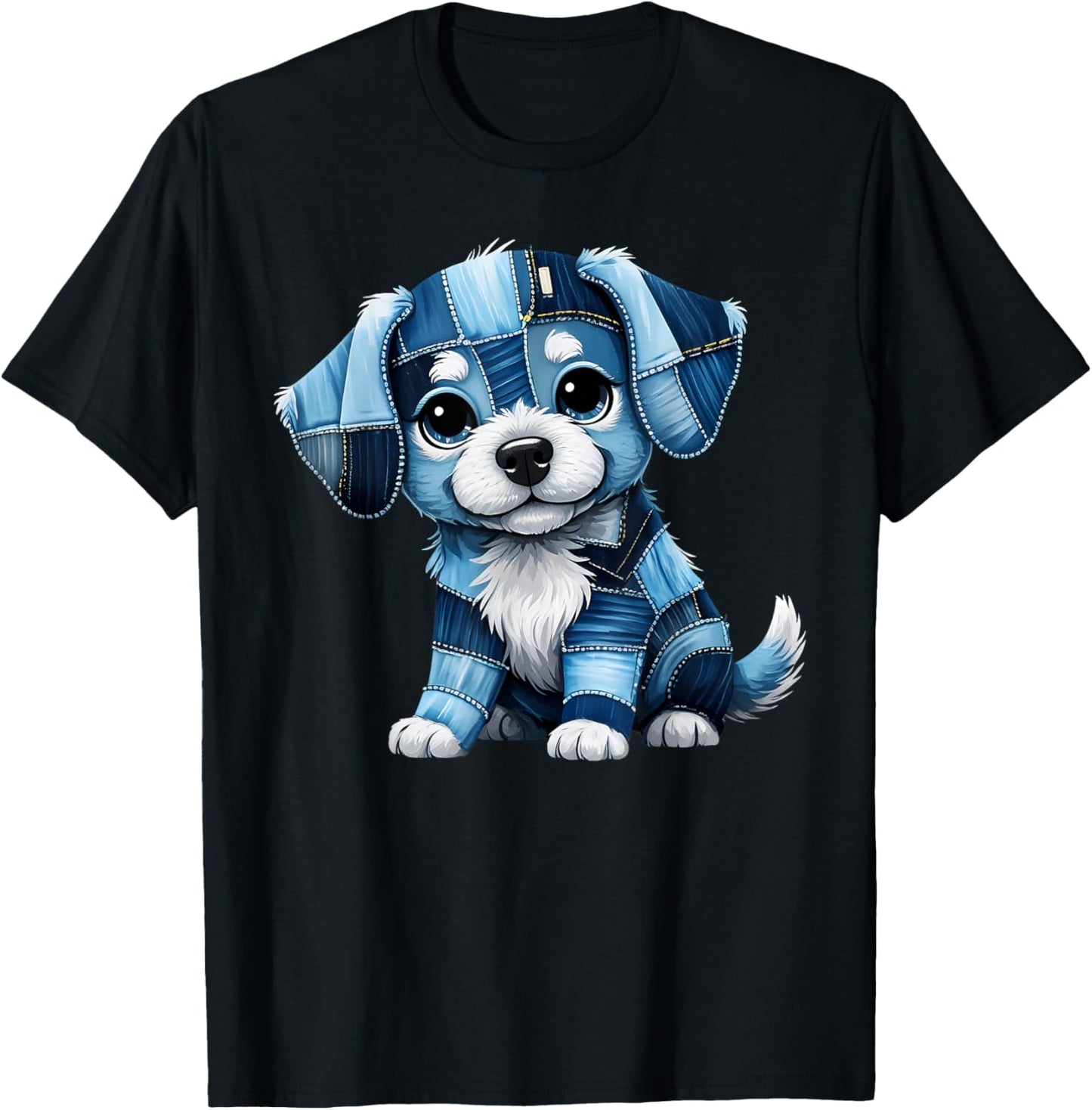 Cute Dog Denim Patchwork Art For Dog Lovers T-Shirt