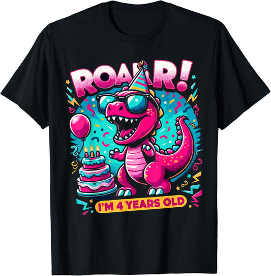 4th Birthday Girl Boy Four Year Old Dinosaur Bday Roar I'm 4 T-Shirt