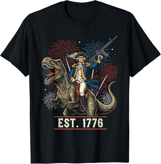 Happy 4th Of July Patriot George Washington Riding T-Rex Tee T-Shirt