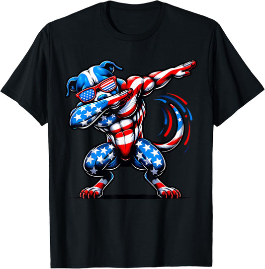 American Flag Pitbull Dog Dabbing Patriotic Dog 4th Of July T-Shirt
