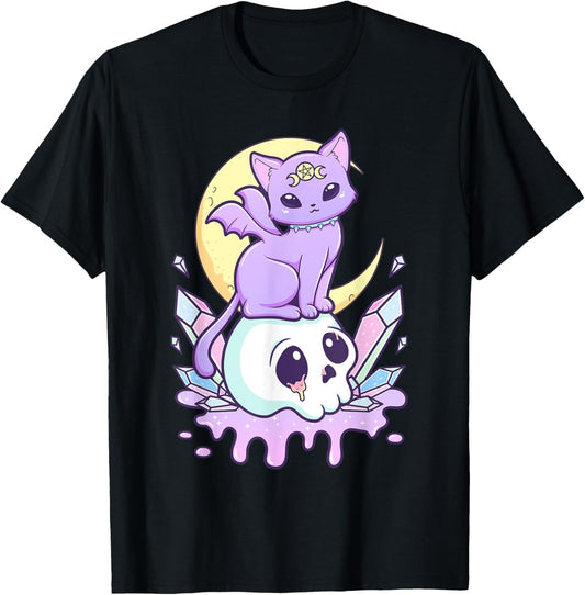 Kawaii Pastel Goth Cute Scary Witchy Cat and Skull T-Shirt
