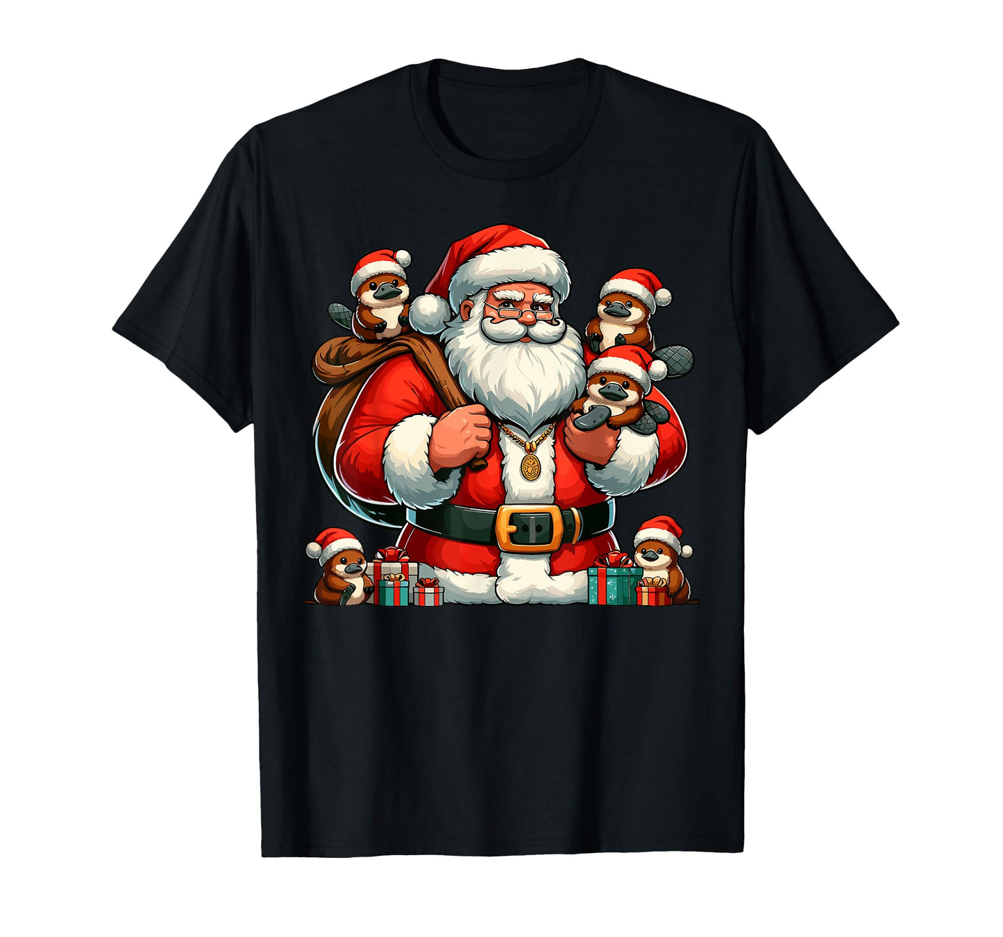 American Santa Claus Holding Platypus Present Xmas T-Shirt