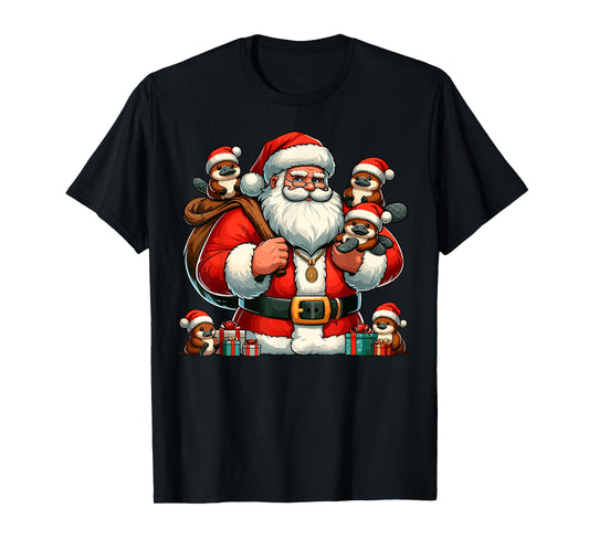 American Santa Claus Holding Platypus Present Xmas T-Shirt