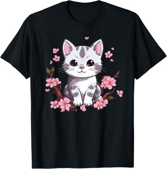 Cute Cat With Cherry Blossoms I Kids Cat T-Shirt