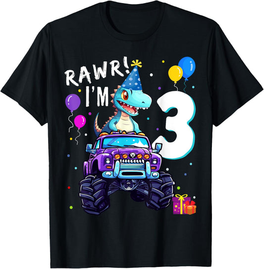 T Rex Dinosaur Monster Truck 3rd Birthday Outfit for Kids T-Shirt