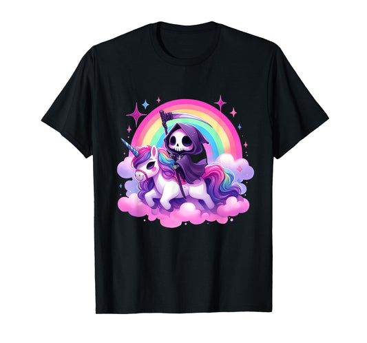Funny Humor Rainbow Gothic Grim Reaper Riding Unicorn Kids T-Shirt