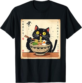 Cute Black Cat Eating Ramen Noodles Lover Japanese Clothing T-Shirt