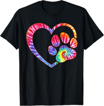 Cute Tie Dye Dog Paw Love Heart Print Colorful Pet Dog Lover T-Shirt for Men Women Girls Kids