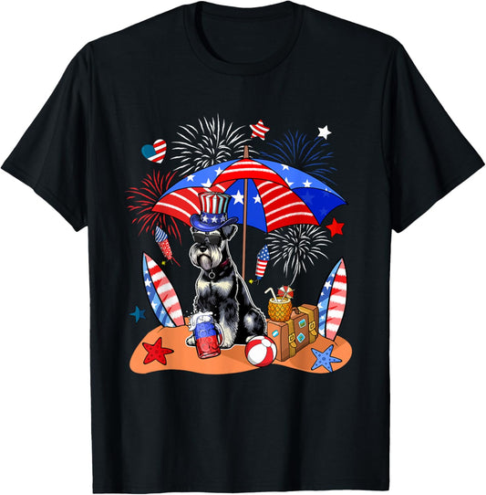 Schnauzer Sunglasses Relaxing On Beach 4th Of July US Flag T-Shirt