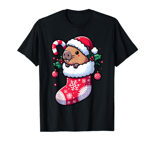 Cute Capybara Wearing Santa Hat in Christmas Stocking Pajama T-Shirt