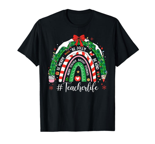 Teacher Life Christmas Rainbow Pencil Student School Xmas T-Shirt