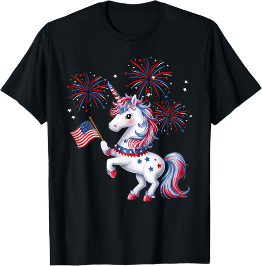 Cute Patriotic Americorn Unicorn Fireworks Girls 4th of July T-Shirt