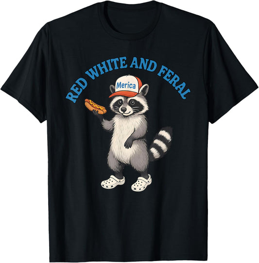 Red White And Feral American Raccoon Hot Dog 4th Of July T-Shirt