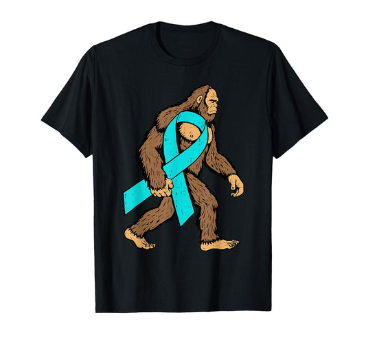Ovarian Cancer Awareness Bigfoot Ribbon Teal Support Men Boy T-Shirt