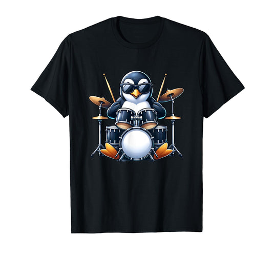 Penguin Playing Drums Rock Band Musician Funny Winter Theme T-Shirt