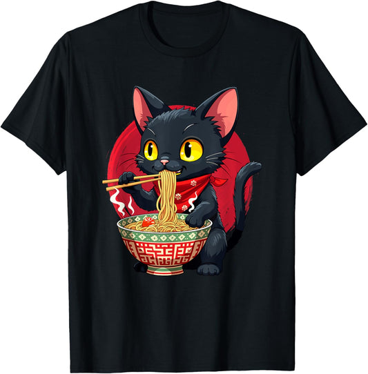 Cat Eating Ramen Noodles, Japanese Anime & Kawaii Cat T-Shirt